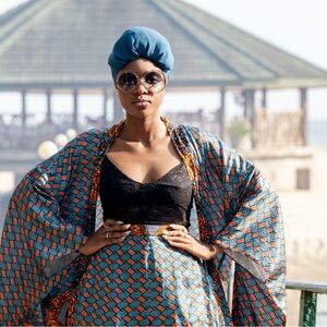 Stylish Blue and Orange Patterned Kimono set